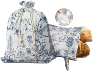 Linen Bread Bags for Sourdough Bread 2Pcs, Beeswax Bread Bags for Sourdough, Chinoiserie Floral Decor For Kitchen Cloth Linen Bread Bag for Homemade Bread Box, Sourdough Bread Bag Reusable, Baker Housewarming Gifts16.5×12