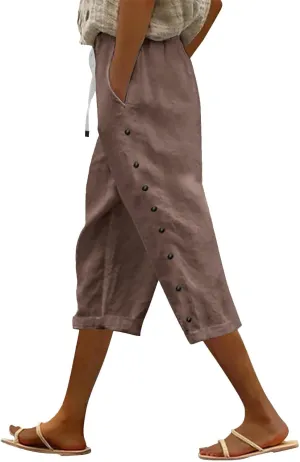 Linen Capri Pants for Women Casual High Waisted Straight Leg Lounge Pants Fashion Side Button Capris with Pockets