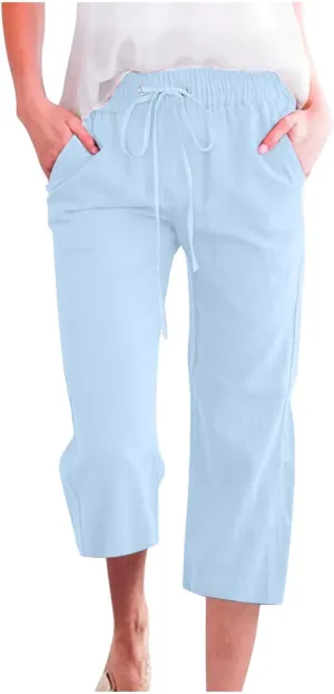 Linen Capri Pants for Women Plus Size Elastic High Waist Wide Leg Lounge Pants Summer Casual Comfy Beach Trousers