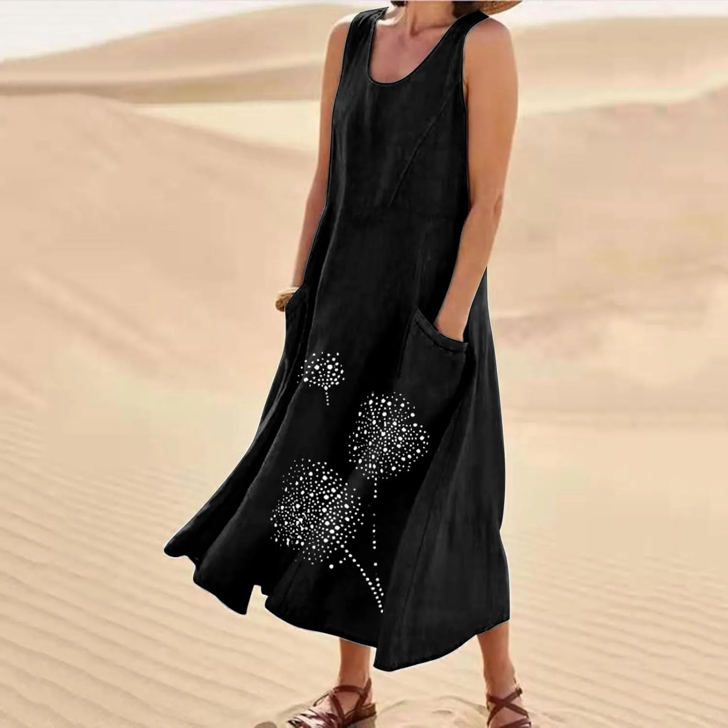Linen Dresses for Women Summer Sleeveless Maxi Dresses Dressy Casual Crewneck Sun Dresses Trendy Summer Beach Outfits