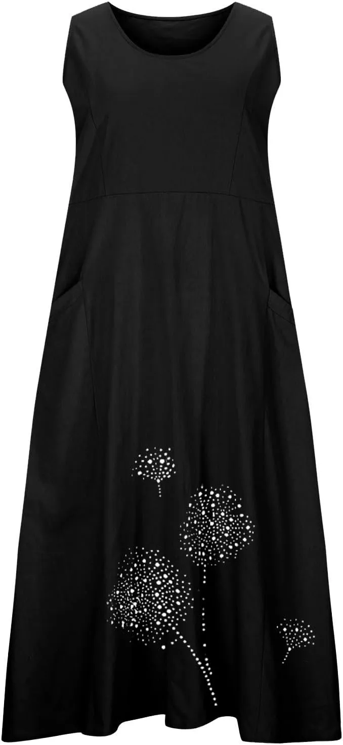 Linen Dresses for Women Summer Sleeveless Maxi Dresses Dressy Casual Crewneck Sun Dresses Trendy Summer Beach Outfits