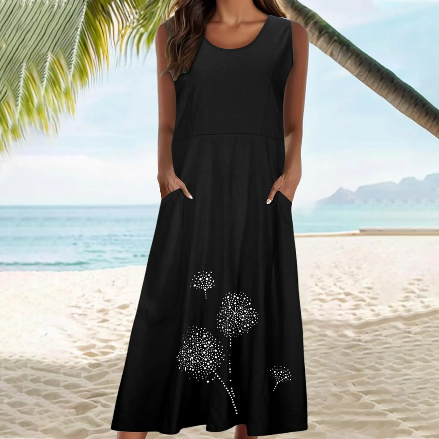 Linen Dresses for Women Summer Sleeveless Maxi Dresses Dressy Casual Crewneck Sun Dresses Trendy Summer Beach Outfits