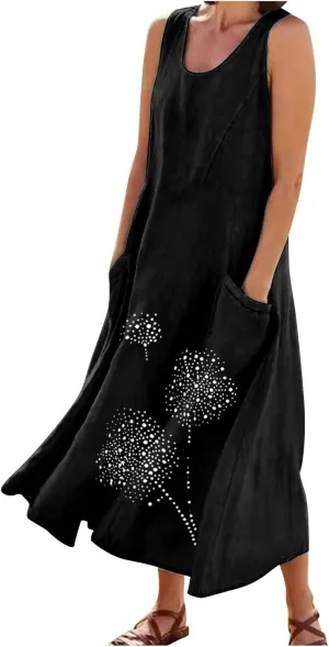 Linen Dresses for Women Summer Sleeveless Maxi Dresses Dressy Casual Crewneck Sun Dresses Trendy Summer Beach Outfits
