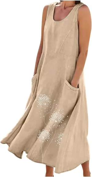Linen Dresses for Women Summer Sleeveless Maxi Dresses Dressy Casual Crewneck Sun Dresses Trendy Summer Beach Outfits