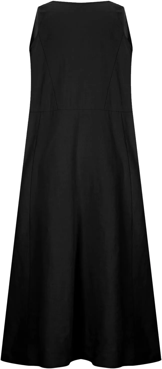 Linen Dresses for Women Summer Sleeveless Maxi Dresses Dressy Casual Crewneck Sun Dresses Trendy Summer Beach Outfits