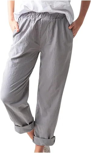 Linen Pants for Women Trendy 2024 Casual Summer Lightweight Straight Leg Pant Elastic High Waist Lounge Trousers
