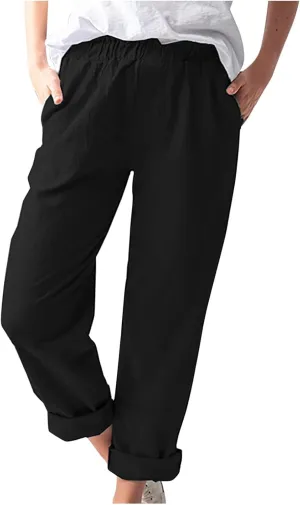 Linen Pants for Women Trendy 2024 Casual Summer Lightweight Straight Leg Pant Elastic High Waist Lounge Trousers