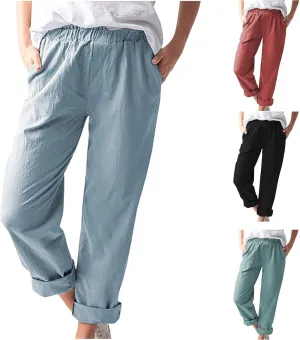 Linen Pants for Women Trendy 2024 Casual Summer Lightweight Straight Leg Pant Elastic High Waist Lounge Trousers