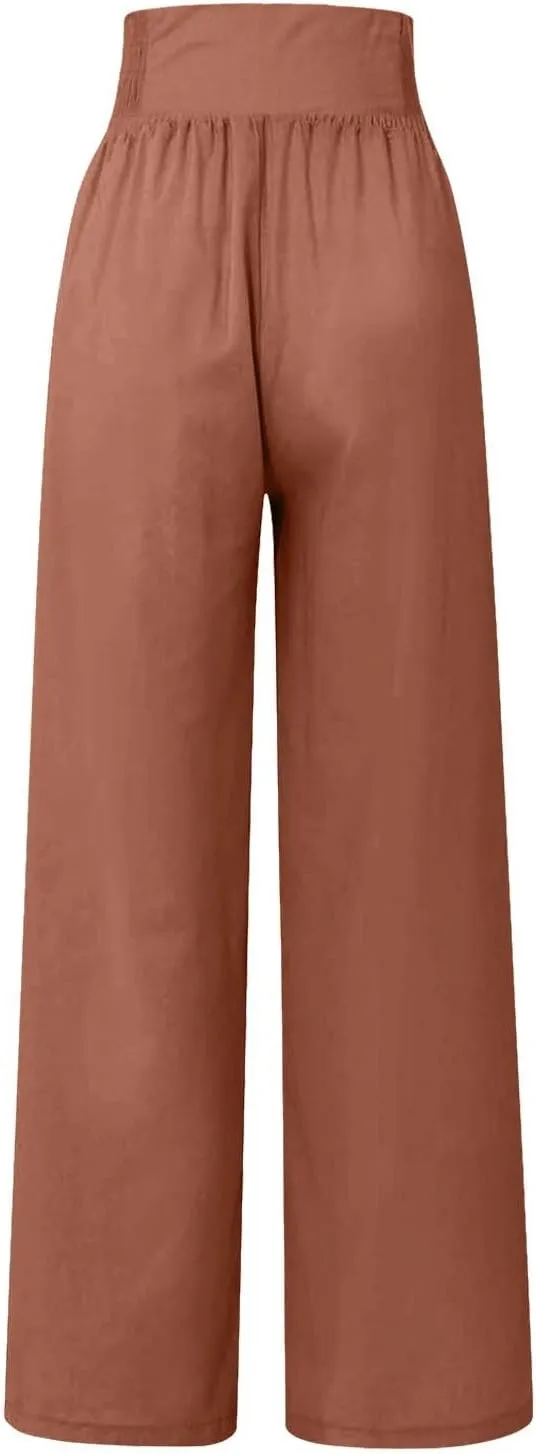 Linen Pants Women Summer High Waisted Cotton Linen Palazzo Pants Wide Leg Long Lounge Pants Work Trousers with Pocket