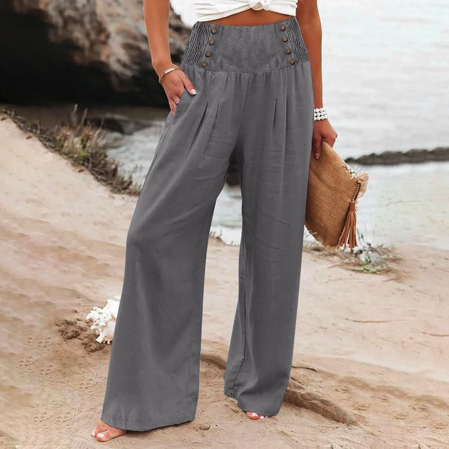 Linen Pants Women Summer High Waisted Cotton Linen Palazzo Pants Wide Leg Long Lounge Pants Work Trousers with Pocket