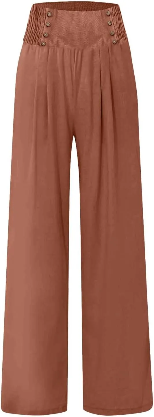 Linen Pants Women Summer High Waisted Cotton Linen Palazzo Pants Wide Leg Long Lounge Pants Work Trousers with Pocket