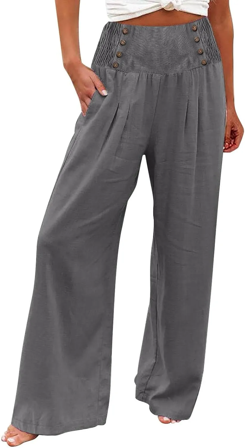Linen Pants Women Summer High Waisted Cotton Linen Palazzo Pants Wide Leg Long Lounge Pants Work Trousers with Pocket