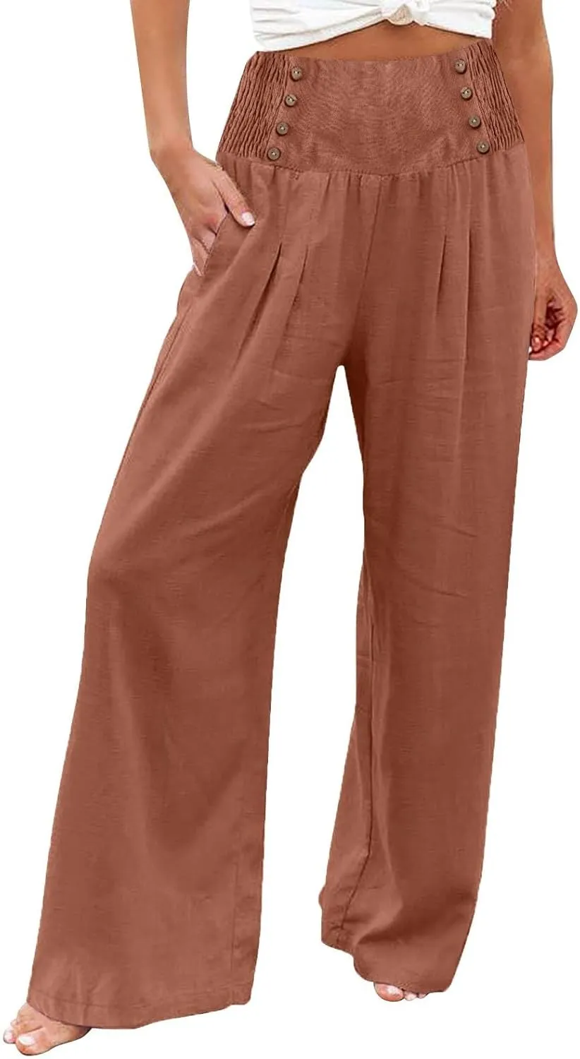 Linen Pants Women Summer High Waisted Cotton Linen Palazzo Pants Wide Leg Long Lounge Pants Work Trousers with Pocket