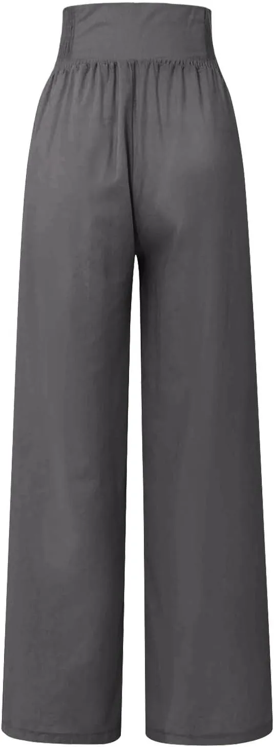 Linen Pants Women Summer High Waisted Cotton Linen Palazzo Pants Wide Leg Long Lounge Pants Work Trousers with Pocket