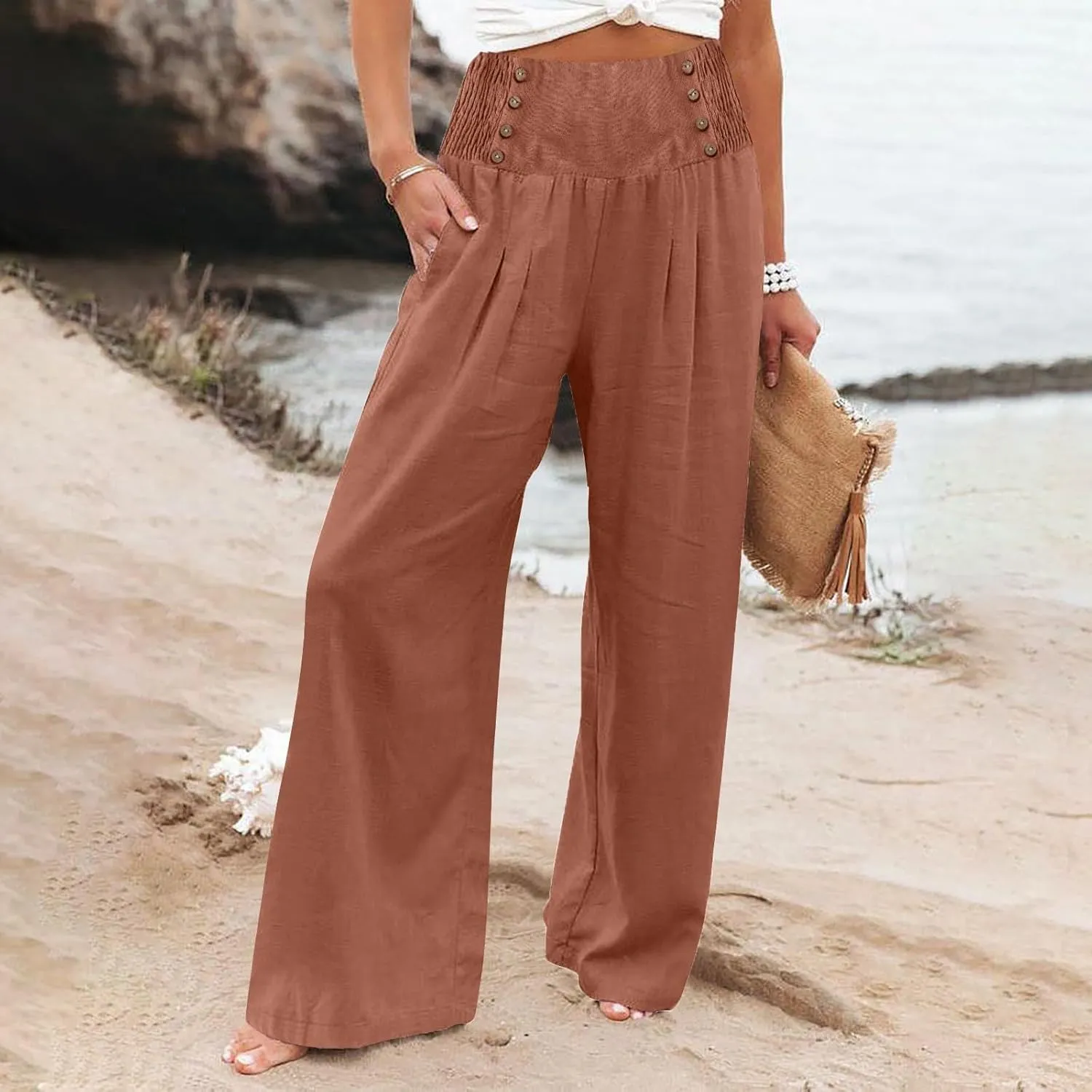 Linen Pants Women Summer High Waisted Cotton Linen Palazzo Pants Wide Leg Long Lounge Pants Work Trousers with Pocket