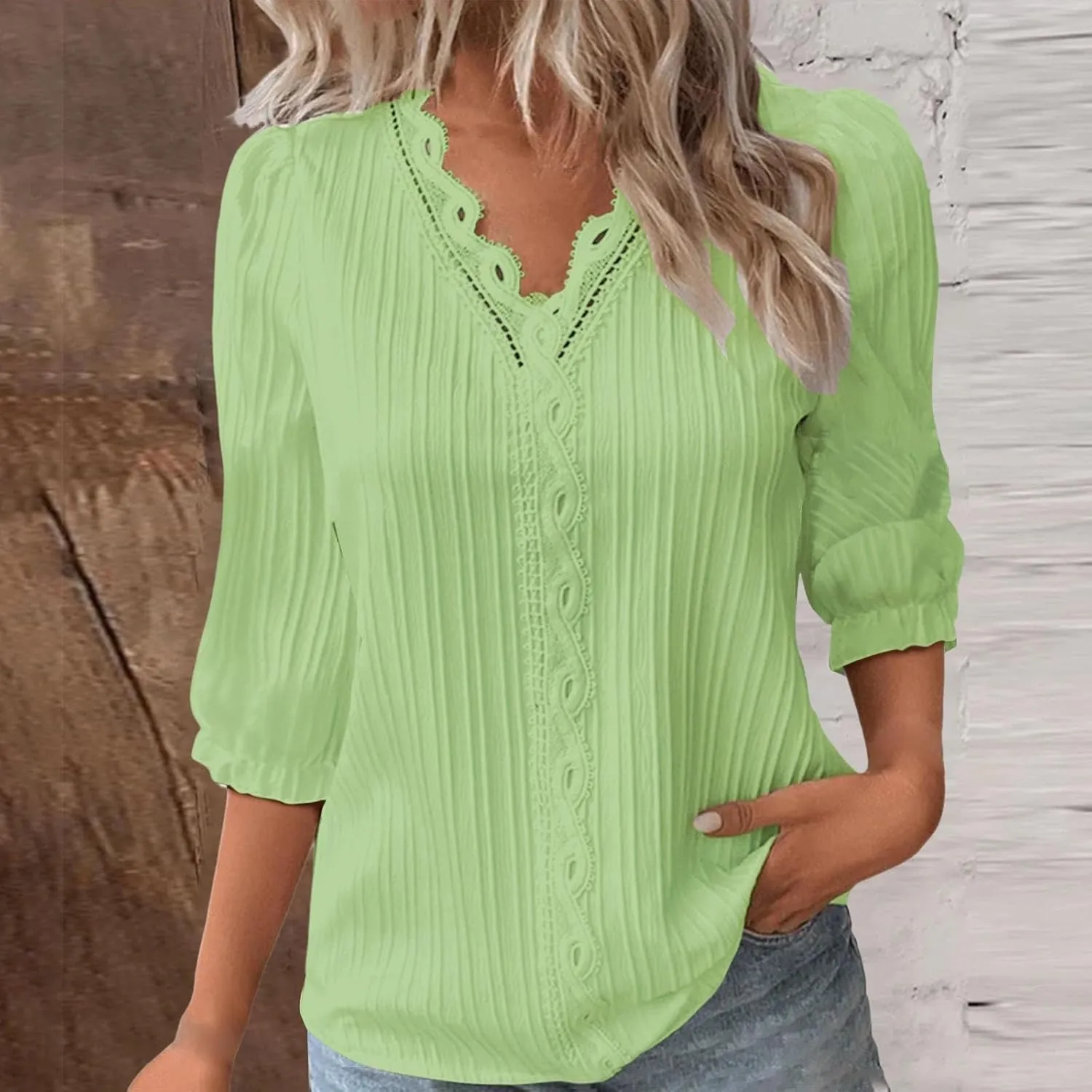Linen Shirt for Women Summer Puff Sleeve V Neck Dressy Casual Plain Lace Trendy Solid Color Blouses