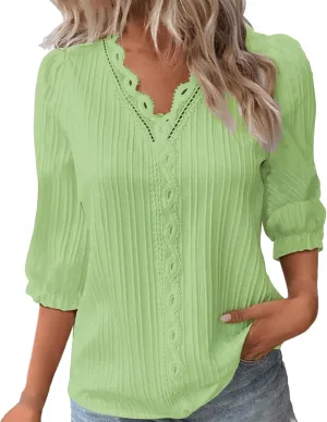 Linen Shirt for Women Summer Puff Sleeve V Neck Dressy Casual Plain Lace Trendy Solid Color Blouses