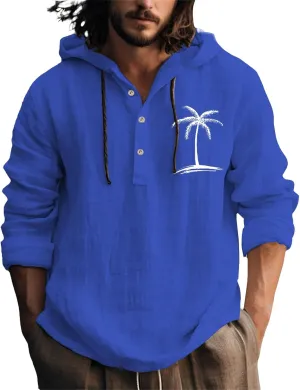 Linen Shirts for Men Casual Summer Palm Tree Print Button Up Shirt Linen Hoodie Beach Long Sleeve Shirt Top with Hood