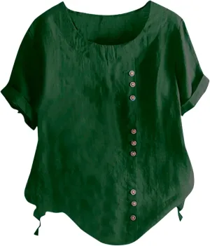 Linen Shirts for Women 2025 Summer Cotton Linen Tops Loose Fit Casual Roll Up Short Sleeve T-Shirt Trendy Blouse