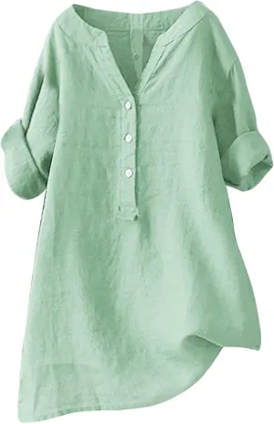 Linen Shirts for Women 2025 Summer Trendy 3/4 Sleeve V Neck Bohemian Peasant Blouses Casual Loose Fit Tunic Tops