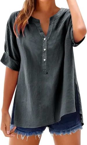 Linen Shirts for Women Button Down Shirts Short Sleeve Cotton Collared V Neck Solid Casual Blouses with Pockets