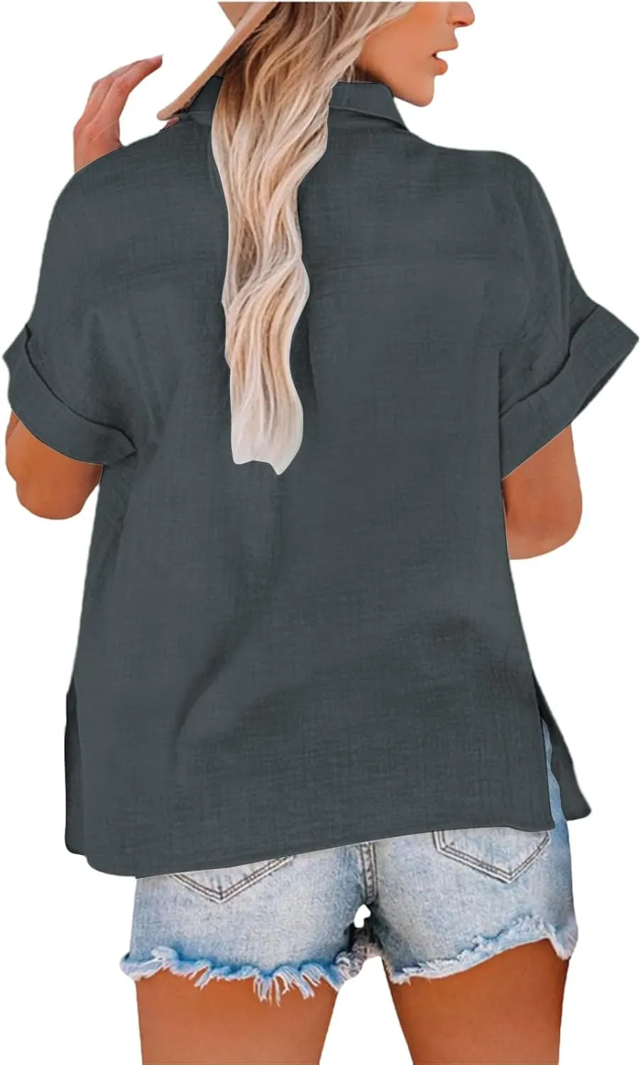 Linen Shirts for Women Button Down Shirts Short Sleeve Cotton Collared V Neck Solid Casual Blouses with Pockets