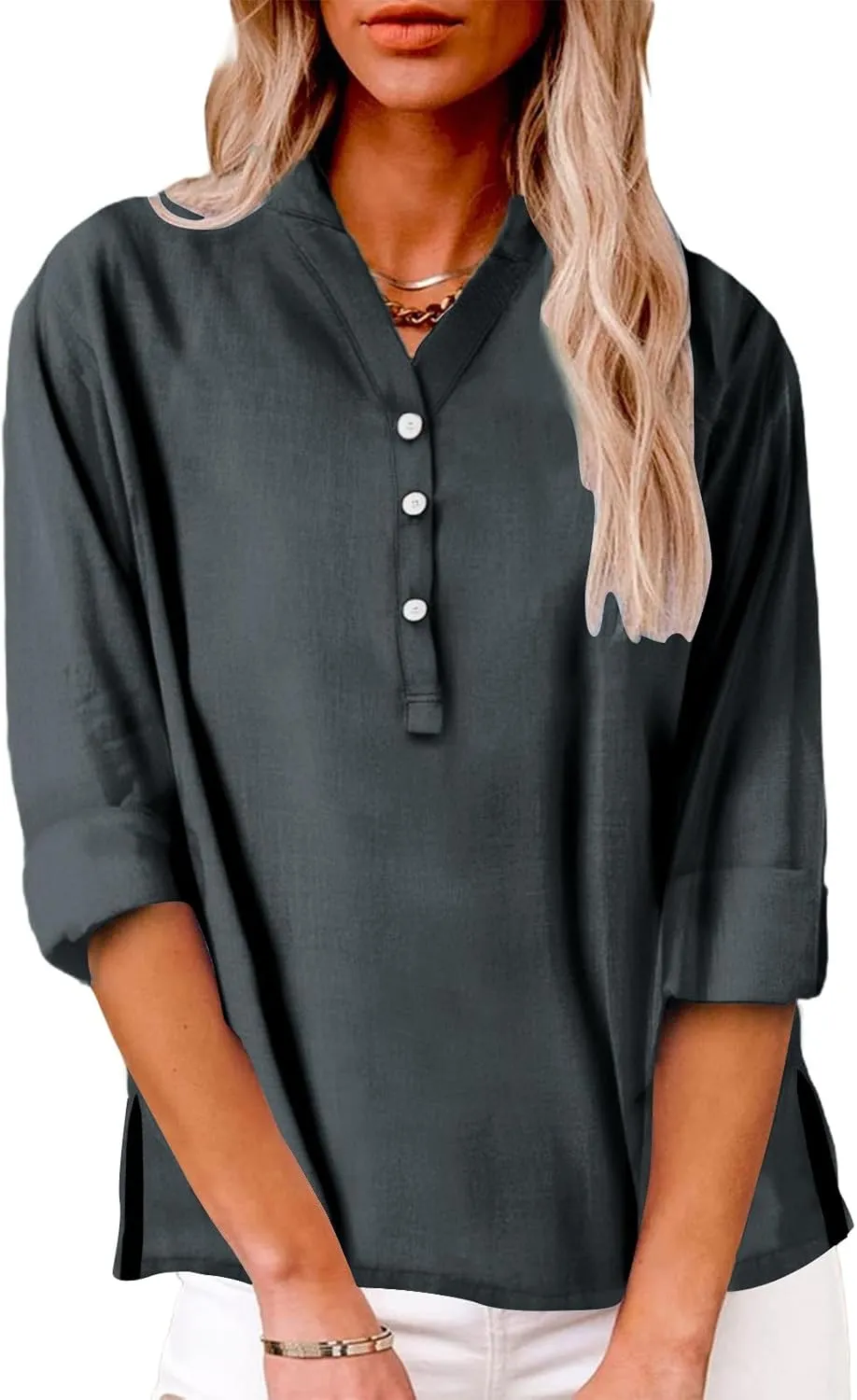 Linen Shirts for Women Button Down Shirts Short Sleeve Cotton Collared V Neck Solid Casual Blouses with Pockets