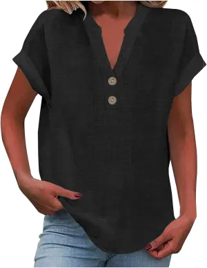 Linen Shirts for Women Button Up Shirt Short Sleeve Tops Roll Up Loose Fit T Shirts V-Neck Summer Casual Work Blouse
