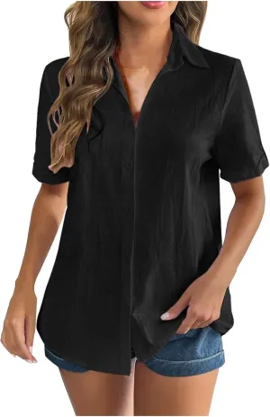 Linen Shirts for Women, Linen Button Down Shirt Women Short Sleeve Summer Trendy Tops Work Beach Collared Blouses