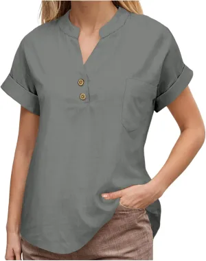 Linen Shirts for Women Plus Size Summer Loose Fit Button Down Shirts Roll Up Sleeve Tops Cotton Linen Work Blouses