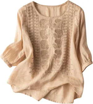 Linen Shirts for Women Shirts V Neck Roll Up Sleeve Blouses Tops White Cover Up Shirt Womens Casual V Neck 3/4