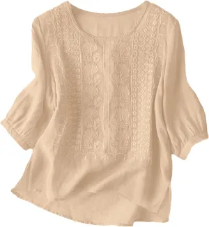 Linen Shirts for Women Shirts V Neck Roll Up Sleeve Blouses Tops White Cover Up Shirt Womens Casual V Neck 3/4