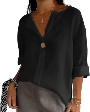Linen Shirts for Women Summer Cotton Linen V Neck 3/4 Sleeve Tops Loose Vacation Beach Solid Blouses Tunic Tops