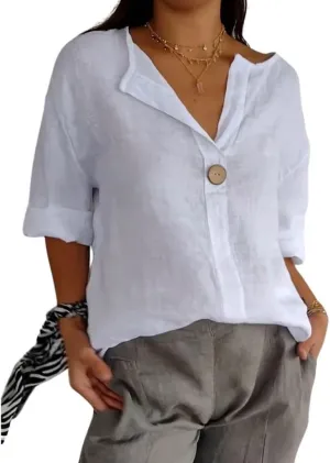 Linen Shirts for Women Summer Cotton Linen V Neck 3/4 Sleeve Tops Loose Vacation Beach Solid Blouses Tunic Tops