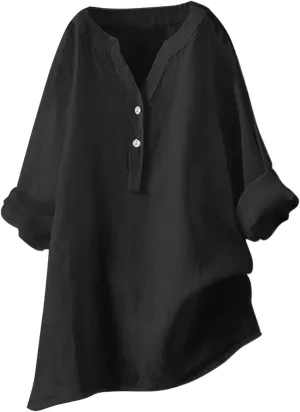 Linen Shirts for Women Summer Trendy Cotton Roll-Up Sleeve Shirts Dressy Casual Button V Neck Blouse Loose Gauze Top