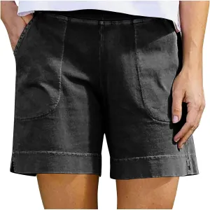 Linen Shorts for Women 2025 High Waisted Elastic Straight Casual Shorts Summer Outdoor Pants with Pockets