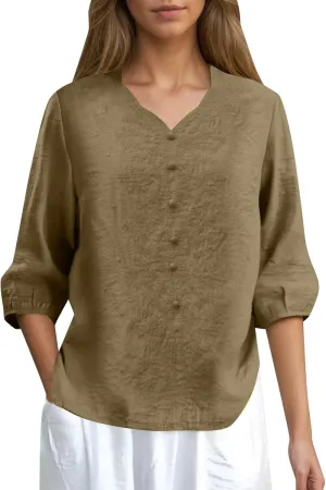 Linen Tops for Women 2025 Summer Rolled Cuffed Short Sleeve Blouse Ladies Casual V Neck Shirts Beach Cotton Tops