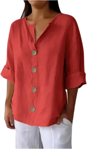 Linen Tops for Women Summer V Neck 3/4 Length Sleeve Womens Tops with Button Roll-Up Sleeve Casual Loose Fit Blouses