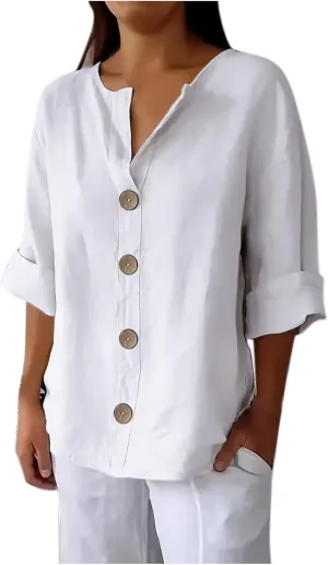 Linen Tops for Women Summer V Neck 3/4 Length Sleeve Womens Tops with Button Roll-Up Sleeve Casual Loose Fit Blouses