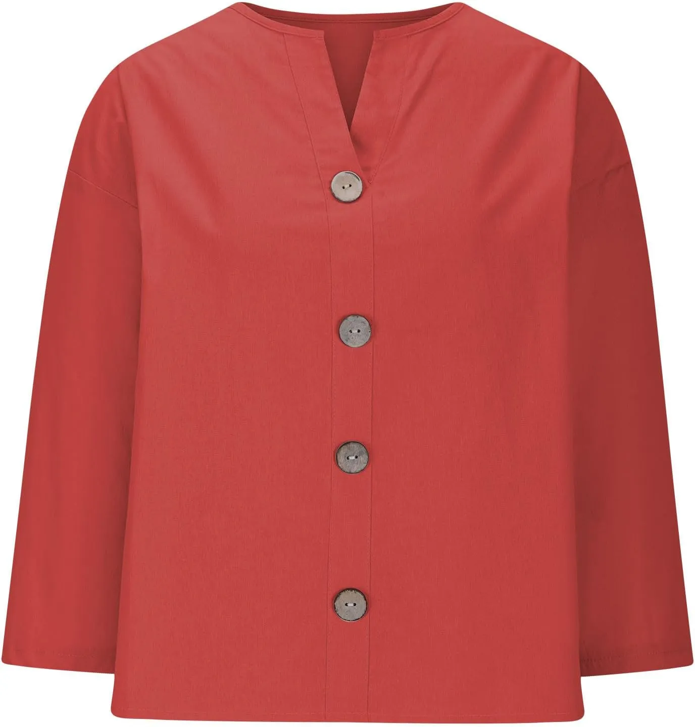 Linen Tops for Women Summer V Neck 3/4 Length Sleeve Womens Tops with Button Roll-Up Sleeve Casual Loose Fit Blouses