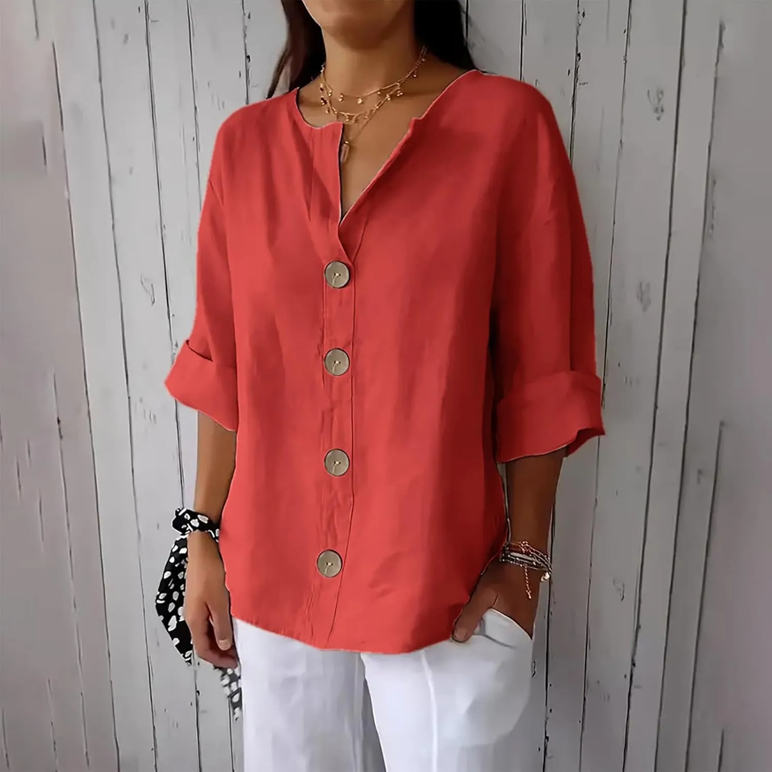 Linen Tops for Women Summer V Neck 3/4 Length Sleeve Womens Tops with Button Roll-Up Sleeve Casual Loose Fit Blouses