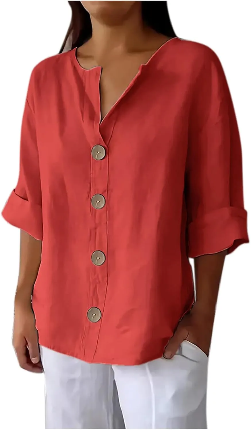 Linen Tops for Women Summer V Neck 3/4 Length Sleeve Womens Tops with Button Roll-Up Sleeve Casual Loose Fit Blouses
