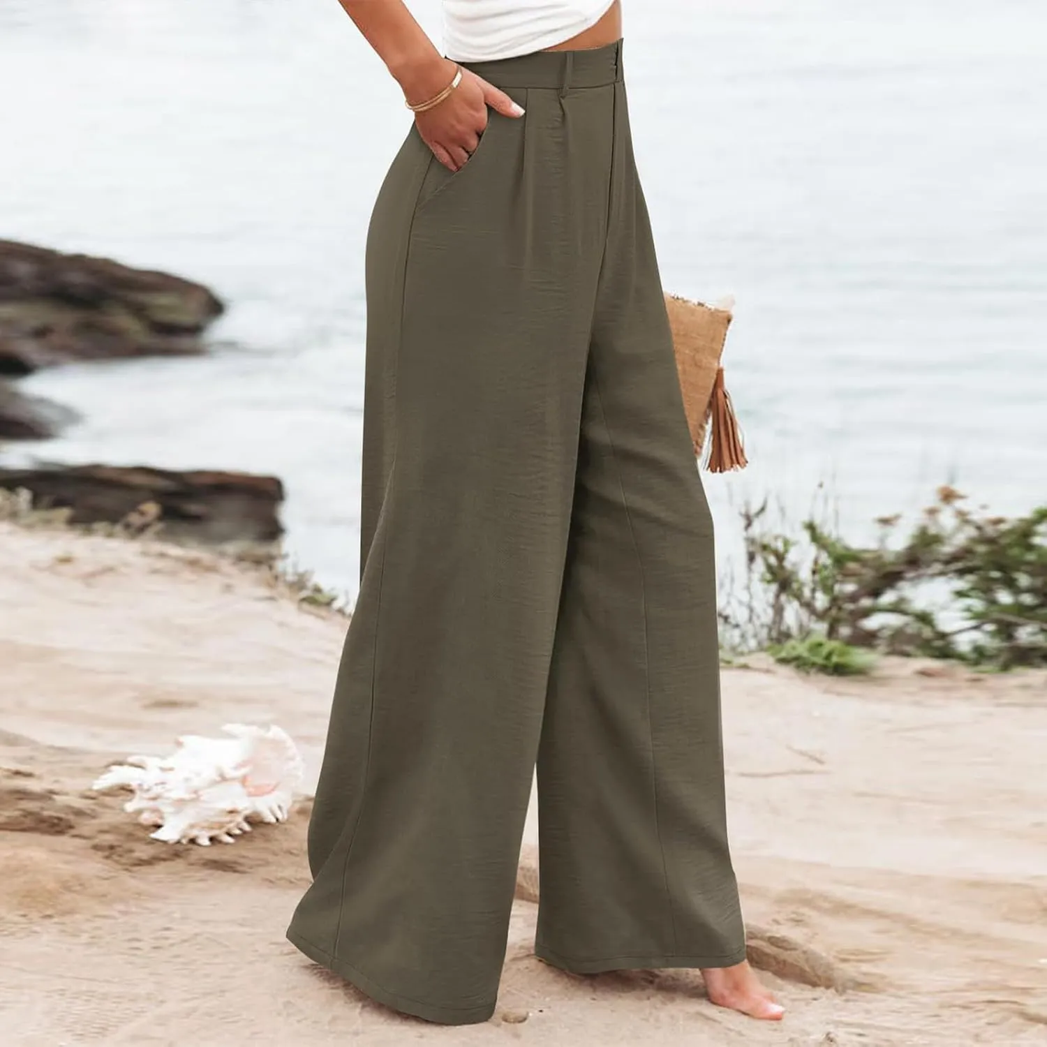 Linen Wide Leg Dress Pants Women Business Casual Elastic Waist Comfy Work Pants Lightweight Vacation Beach Trousers