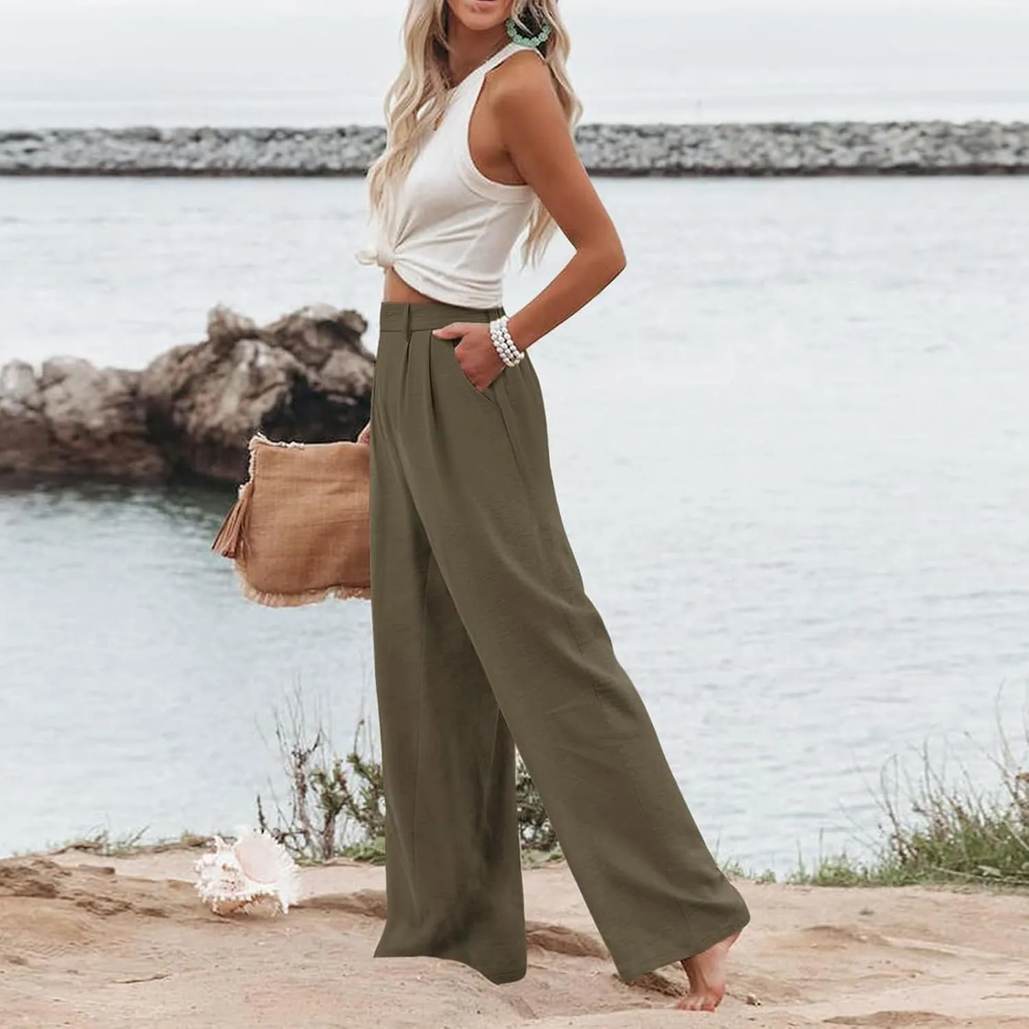 Linen Wide Leg Dress Pants Women Business Casual Elastic Waist Comfy Work Pants Lightweight Vacation Beach Trousers