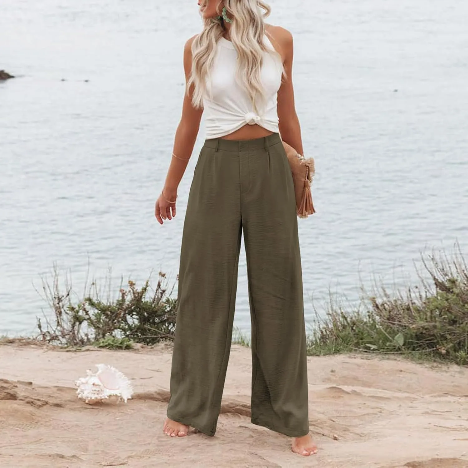 Linen Wide Leg Dress Pants Women Business Casual Elastic Waist Comfy Work Pants Lightweight Vacation Beach Trousers