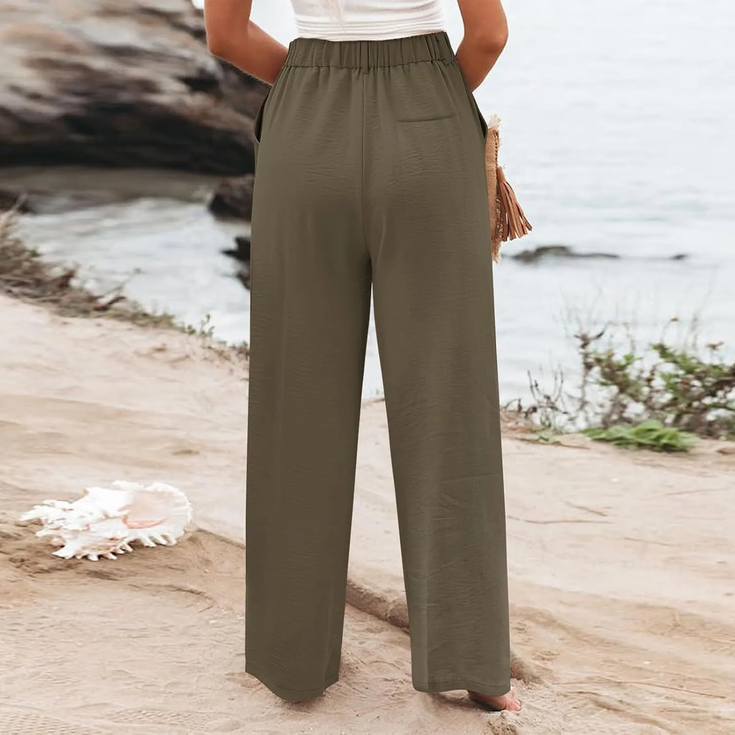 Linen Wide Leg Dress Pants Women Business Casual Elastic Waist Comfy Work Pants Lightweight Vacation Beach Trousers