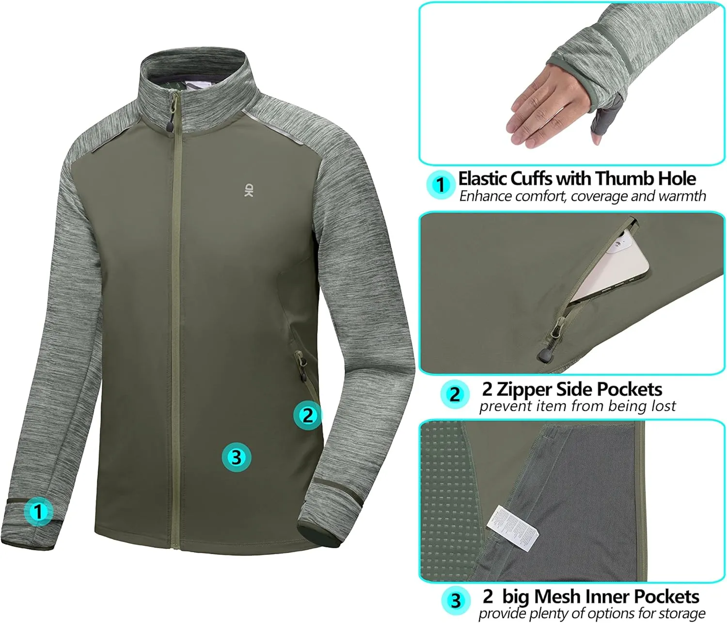 Little Donkey Andy Men's Quick Dry Warm Lightweight Running Jacket Full Zip Thermal Hybrid Thumbholes Golf Track Jacket