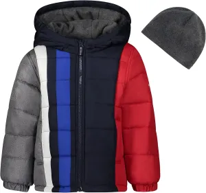 LONDON FOG Boys' Little Color Blocked Puffer Jacket Coat with Hat