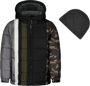 LONDON FOG Boys' Little Color Blocked Puffer Jacket Coat with Hat