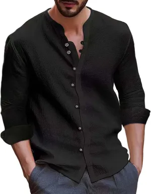 Long Sleeve Cotton Linen Shirt for Men Lightweight Breathable Casual Travel Tops Muscle Fit Combat Fashion Button Down Shirts